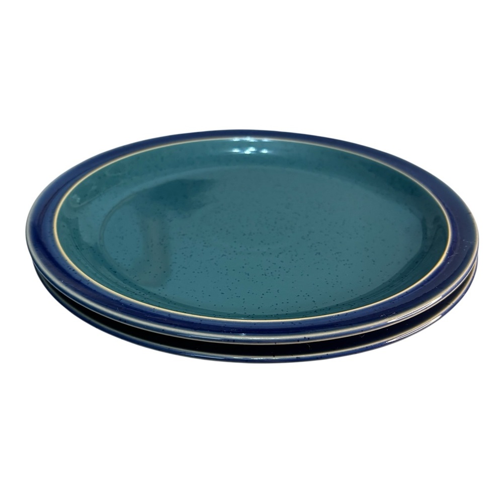 2 Denby Harlequin Dinner Plates Stoneware Navy Blue Rim Green Speckled Center - Picture 3 of 8
